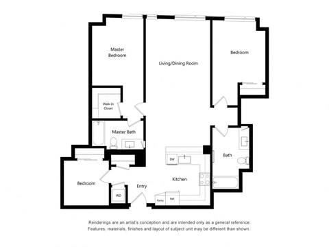 Floor plan for 2 beds, 2 baths, 1257 sqft